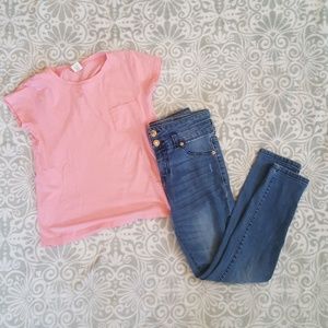 J Crew pink t-shirt and Cherokee skinny jeans